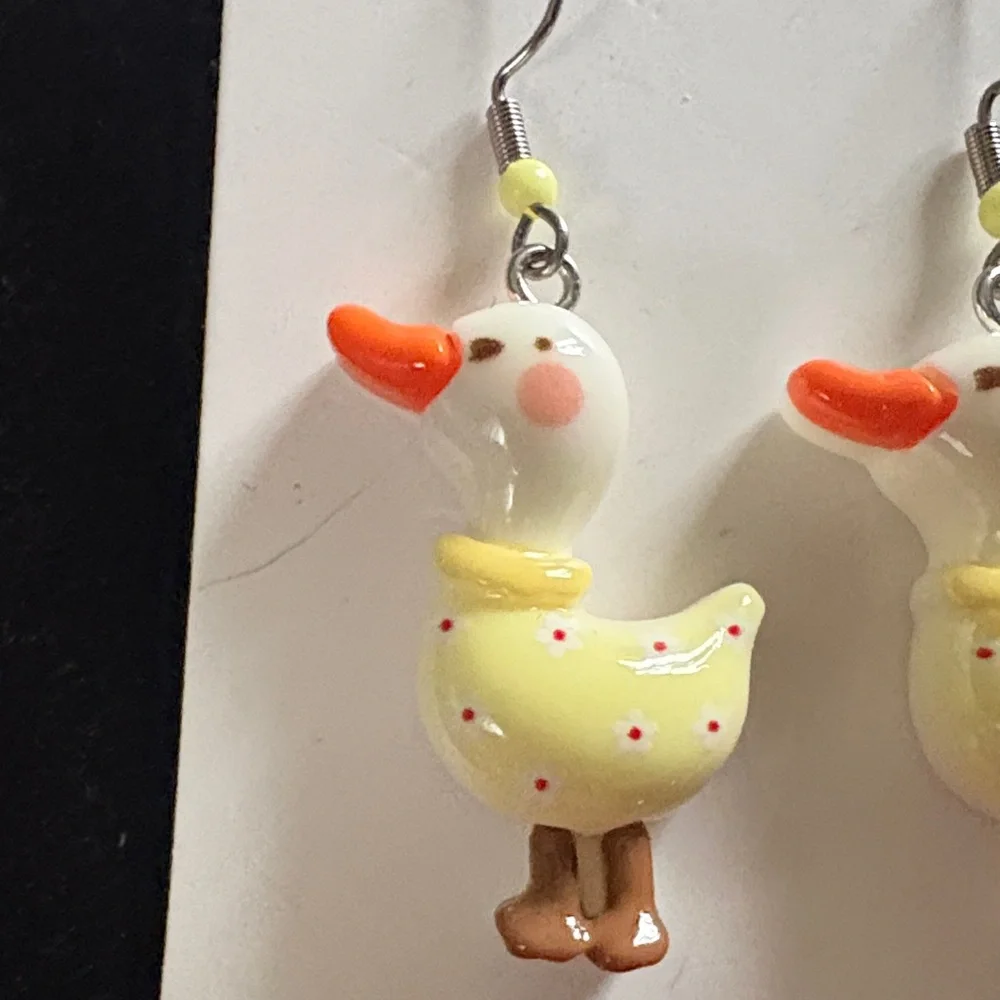 Handmade Yellow Duck Drop Earrings with Orange Beak - Picture 2 of 3